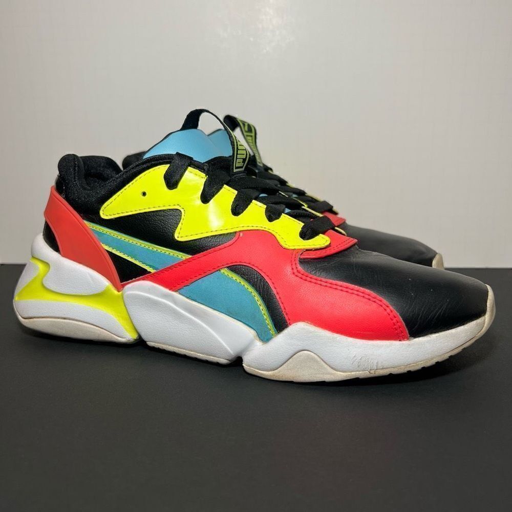 Womens PUMA Nova L Black & Neon Patent Leather Athletic Sneakers / Size 10